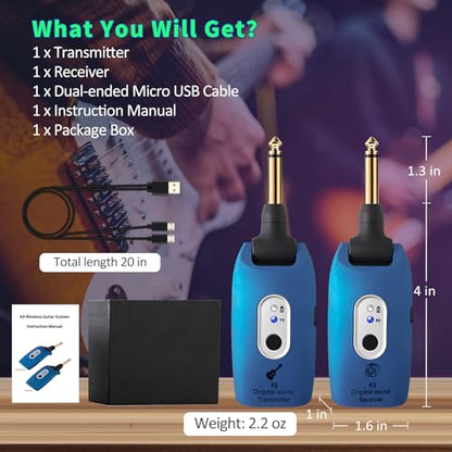 A9 Wireless Guitar Transmitter Receiver 2.4GHz (Blue(1TX+1RX)) | Guitar Accessories Transmitter Receiver, 100ft Range, Low Latency, 4-Hour Rechargeable Battery, for Electric Bass - color: Blue