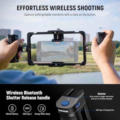 NEEWER Universal Phone Cage Video Rig with Bluetooth Shutter Side Handle Comfort Grips, Smartphone Stabilizer for Video Recording Compatible with iPhone 16 15 Pro Max 15 Pro Galaxy S24 Ultra, PA009E | Comfort Grips Smartphone Stabilizer for Video Recordin