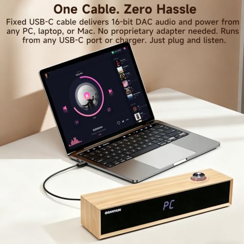 Sanyun SW012 Desktop PC Soundbar, USB-C for Power and Audio & Bluetooth 5.4 | Music & Conference Modes, MDF Wood Cabinet with Clock Display, Built-in 16bit DAC, Clear balanced sound, Plug and Play, White - color: White