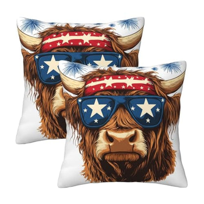 Highland Cow Red White Blue Headband Throw Pillows Covers, Couch Sofa Pillow Cases,Zipper Bedding Cushion Cases for Living Room,18x18 Inch