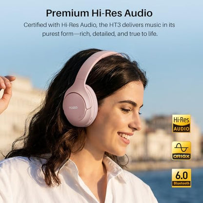 TOZO HT3 Hybrid Noise Cancelling Headphones, 90H Battery Life Wireless Over Ear Bluetooth 6.0 Foldable Headset, AI Voice Assistant with 5 Mics, Connect 2 Devices and Hi-Res Sound, 32 EQ Audio Presets - color: Titanium Pink