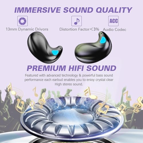 Invisible Sleep Wireless Earphone IPX5 Waterproof Purple Wireless Thin Invisible Sleep Earbuds for Side Sleepers Ear Buds Smallest Tiny Small Mini Discreet Earbud for Sleeping Invisible Headphones - color: Purple