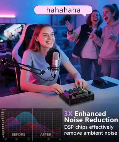 PUPGSIS Gaming Audio Mixer, Audio Interface for pc,1/4" TRS Dynamic Mic interface,Sound Board With voice changer, Pro-Preamp, Noise Cancellation, RGB, Bluetooth For Streaming/Podcasting/Gaming - color: Black