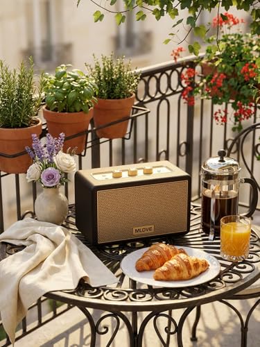 MLOVE A200 Retro Bluetooth Speaker for Home | Aux Input, USB Port, Micro SD Card Slot, Battery Powered, Dual Pairing, 80W Peak Power, Old School Style, Black and Gold - color: Black Gold