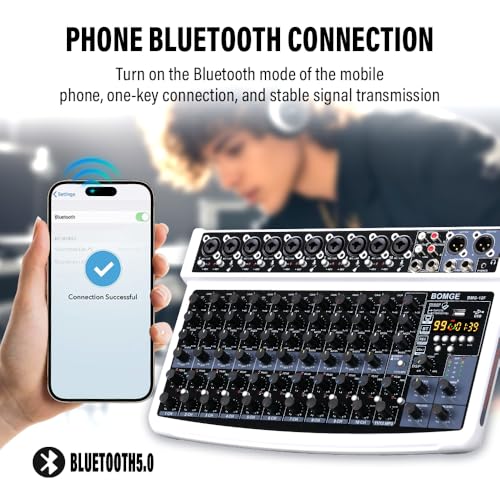 BOMGE 12 Channel Professional Audio Mixer, Bluetooth Studio Mixer with USB, 48V Power, XLR/RCA Inputs, 99 DSP Effects For Professional and Beginners (12F-W)