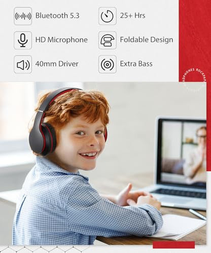 rockpapa E7 Wired/Wireless Bluetooth Headphones with Mic, 25 Hours Playtime | 2 in 1 Wire less Blue tooth Head Phones Foldable Lightweight for Kids Boys Girls Youth in School Airplane Car Black Red - color: Black Red, style: without Case