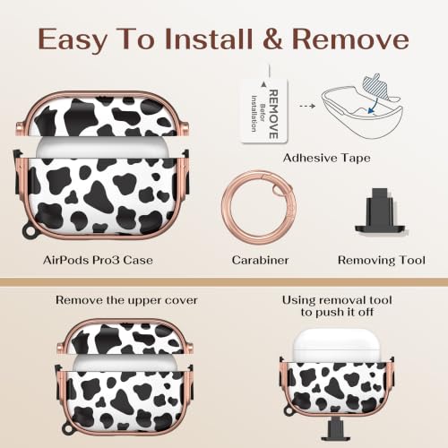 for AirPods Pro 3rd Case with Safety Lock,Magsafe Compatible,Cow Print | Double Secure Lock,Drop Protection,Two-Piece Design,with Gold Keychain, Anti Lost, Dustproof, Cute AirPods Pro 3 Case - color: Cow + Gold, size: Airpods Pro 3 Case