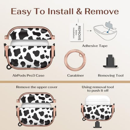 for AirPods Pro 3rd Case with Safety Lock,Magsafe Compatible,Cow Print | Double Secure Lock,Drop Protection,Two-Piece Design,with Gold Keychain, Anti Lost, Dustproof, Cute AirPods Pro 3 Case - color: Cow + Gold, size: Airpods Pro 3 Case