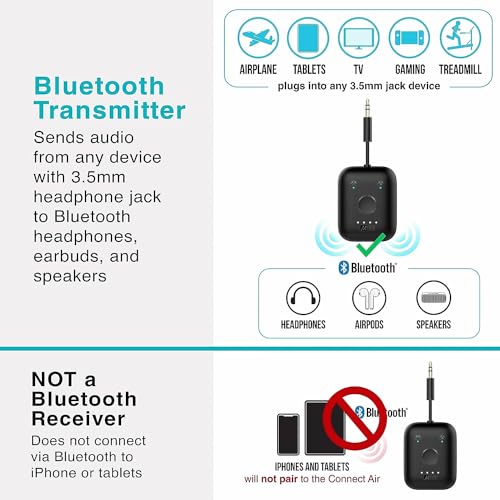 MEE Audio Connect Air in-Flight Bluetooth Wireless Audio Transmitter, with Extra Dual 3.5mm Jack AUX Adapter, for up to 2 AirPods/Other Headphones; Works with All 3.5mm Aux Jacks, Black - color: Black, style: Connect Air Bundle