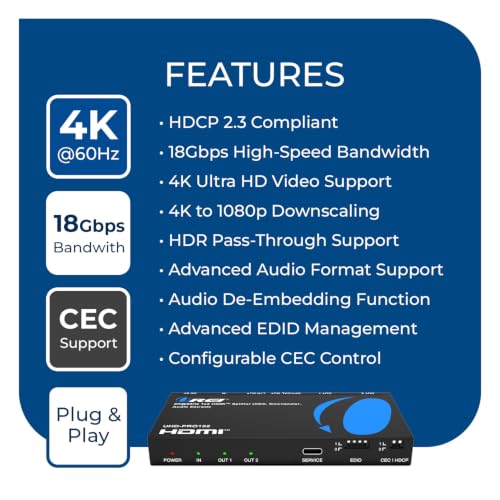 OREI 1x2 HDMI™ Splitter 4K@60Hz Audio Extract, CEC, Downscaler, HDCP 2.3 | OREI 1x2 HDMI Splitter 4K@60Hz Audio Extract With CEC, Downscaler, HDCP 2.3 - style: 1 x 2 HDMI Splitter