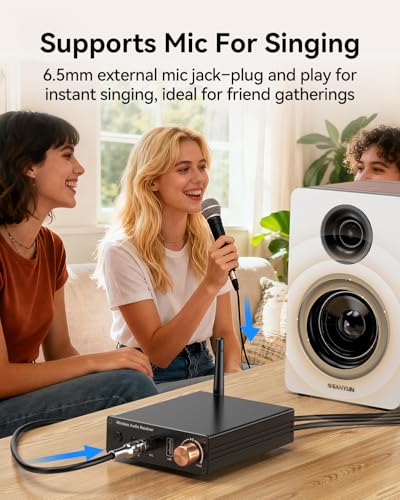 [Upgraded] Bluetooth 6.0 Receiver,Wireless Bluetooth Long Range Low Latency for Home Audio Music Streaming Stereo Systems,with AUX 3.5mm/RCA,USB Flash Drive Play and 6.5mm MIC Ports