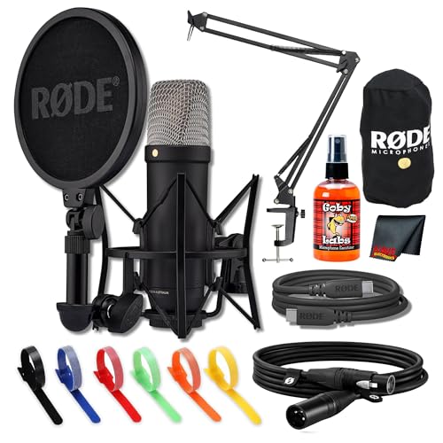 Rode NT1 5th Generation Large-Diaphragm Cardioid Condenser Microphone (Black) | Dual XLR/USB, Ultra-Low Noise & 32-Bit Float Recording for Streaming & Studio Recording + Mic Arm + Cable Ties + More