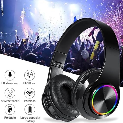 Over Ear Wireless Headphones with Noise Reduction, Mic Deep Bass HiFi Stereo, Foldable Lightweight LED Headset for PC Home Travel Office (Black) - color: Black
