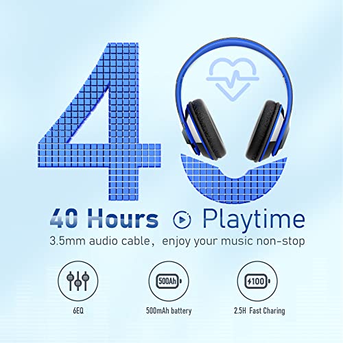Bluetooth Headphones Over Ear, 6S Foldable Wireless Headphones with 6 EQ Modes, 40 Hours Playtime HiFi Stereo Headset with Mic, Soft Ear Pads, TF/FM for Cellphone/PC/Home (Black & Blue) - color: Black & Blue