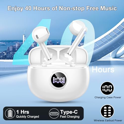Wireless Earbuds, Bluetooth Headphones, Stereo Bass Ear Buds with ENC Noise Cancelling Mics, Bluetooth Earbuds with LED Display Charging Case, IP7 Waterproof Earphones for Android iOS/Light white - color: light white