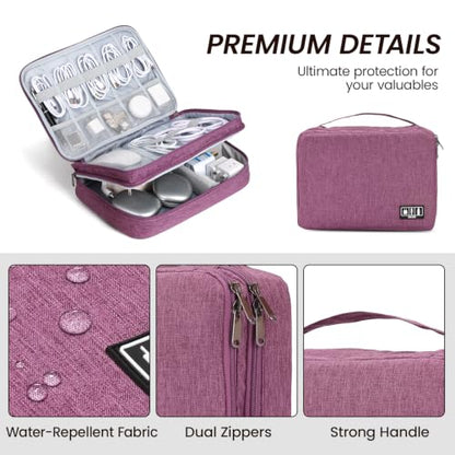 Electronic Organizer Travel Case, Double Layer Cable Organizer Bag | Double-layer design with adjustable dividers, mesh pockets and elastic loops for chargers, cables, power banks and gadgets - color: purple