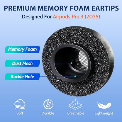 Memory Foam Replacement Earbud Tips for AirPods Pro 3, Premium Low-Rebound Foam Eartips for AirPods Pro 3rd Generation 2025, Anti-Slip, Better Noise Canceling, 3 Pairs (Black, Large) - size: Large