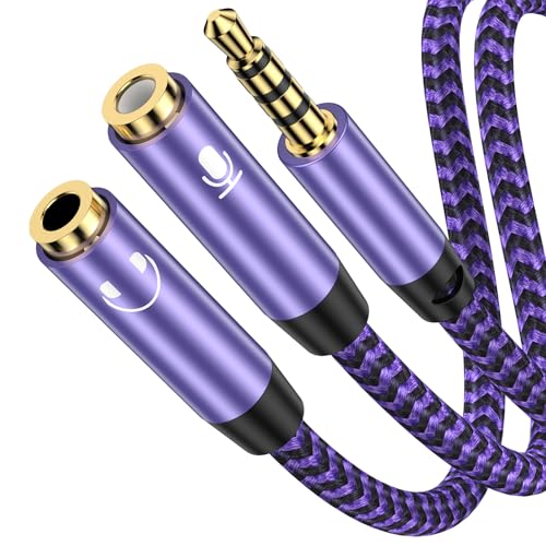 Headphone Splitter Cable 3.5mm Male to 3.5mm Female Audio Jack Adapter | Headphone&3.5mm Microphone Stereo Y Splitters Adapter HiFi Sound Aux Extension Cable for Earphone Phone PS5 PS4 Switch Tablet - color: purple