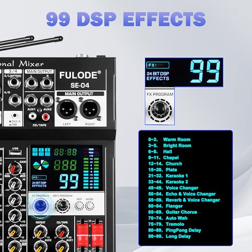 Audio Mixer, 4 Channel Sound Mixing Board With Dual Wireless Microphone & 99DSP, Professional DJ Console W/ MP3 Bluetooth 48V Phantom Power PAD USB Interface for Recording Home Karaoke Live Streaming
