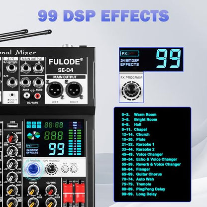 Audio Mixer, 4 Channel Sound Mixing Board With Dual Wireless Microphone & 99DSP, Professional DJ Console W/ MP3 Bluetooth 48V Phantom Power PAD USB Interface for Recording Home Karaoke Live Streaming