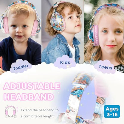 Kids Ear Protection Safety Ear Muffs, NRR 25dB Noise Reduction Children Earmuffs, Hearing Protectors for Sleeping, Studying, Airplane, Concerts, Fireworks-Dinosaur with Pink Band - color: Pink Band Dinosaur