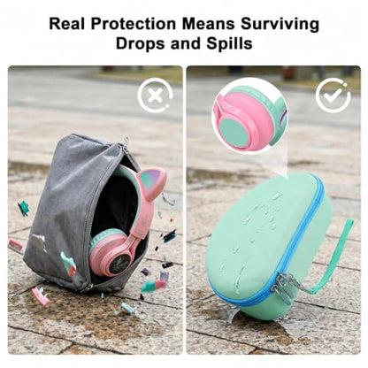 PAIYULE Kids Headphone Case for Riwbox CT-7S/CT-7, for iClever IC-HS01 | Headphone case for kids, hard EVA shell, mesh pocket, fits cat-ear over-ear models, red, school and travel, box only, Green - color: Green