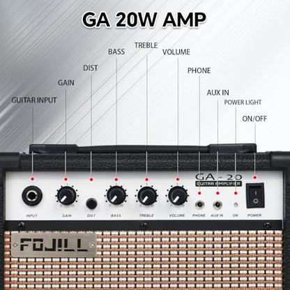 Fojill 20W Watt Electric Guitar Amplifier Amp Practice Small Portable Travel Mini Amp with 3.5 Headphone Jack Aux Distortion Gain Treble Bass Volume (Black, 20W) - color: Black