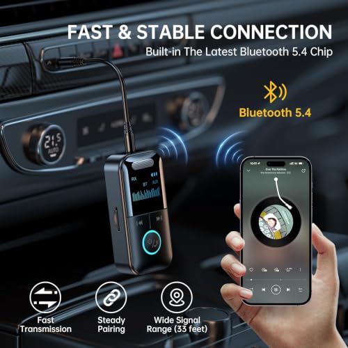 Bluetooth 5.4 Audio Transmitter Receiver for Car/TV, 4-in-1 Aux HD Screen | Wireless Bluetooth Adapter, Low Latency/TF Card/Hands-free Calling, for Airplane, Car, Laptop, Radio,TV, Headphones, Speakers