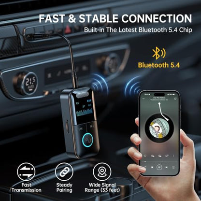 Bluetooth 5.4 Audio Transmitter Receiver for Car/TV, 4-in-1 Aux HD Screen | Wireless Bluetooth Adapter, Low Latency/TF Card/Hands-free Calling, for Airplane, Car, Laptop, Radio,TV, Headphones, Speakers