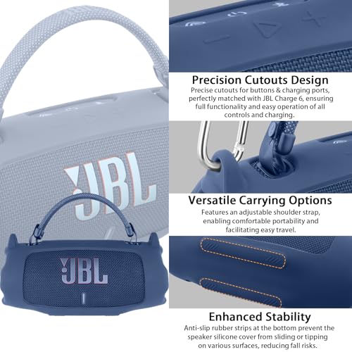 khanka Silicone Case for JBL Charge 6 Waterproof Speaker+Shoulder,Blue | EVA Hard Shell, Carabiner Clip Attachment, Travel-Ready Portable Storage, Impact Resistant Protection, Secure Custom Fit - color: Blue