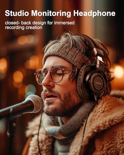SUUNTOK Over Ear Wired Headphones MR810, Studio Monitor Headset with Closed Back Design Flexibale Professional Stereo Headphone with 3m Cable for Studio Monitering, Recording, Podcasting (Black)