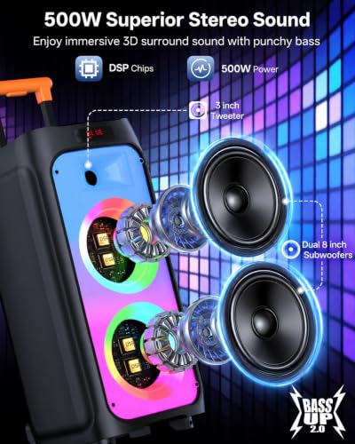 HWWR Karaoke Machine for Adults, Big Party Speaker with 500W Peak Power, Wireless PA System with Dual 8" Subwoofers, Disco Lights & 2 Microphones for Home Party Outdoor, Support USB/AUX/REC/TWS - size: 24 x 11.8 x 11.6 inches