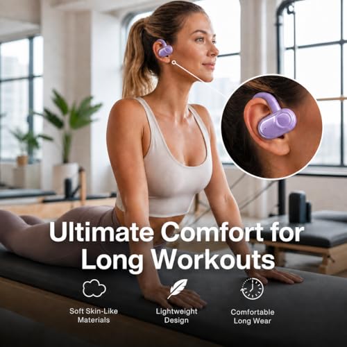 Open Ear Earbuds Bi-Axial Custom Fit Immersive Sound Wireless Headphones | Over The Ear Bluetooth Ear Buds Waterproof Long Battery for Running Outdoor Sports Travel Conference - OpenBass Fit Purple - color: Pulse Lavender