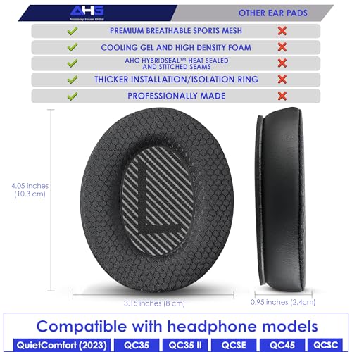 AHG Accessory House Global Cooling Gel Replacement Ear Pads Compatible with Bose QuietComfort 2023 / QC35 II, QC35, QC45, QCSE and QCSC Headphones, Extra Thick Ear Cushions with Scrims, Easy DIY Fit - color: AHG-QUIETCOMFORT-COOL-GEL-EP