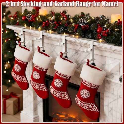 Fireplace Stocking and Garland Hanger, 2 in 1 Mantel Hanger for Garland, Fireplace Stocking Holders for Mantle Garland Hooks for Xmas Holiday Home Party Decoration,Fits 0.31”-3.9”Mantles (White, 4) - style: Fold 4 White