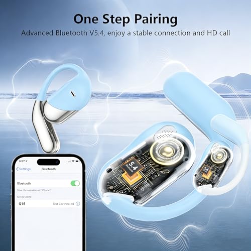 Open Ear Wireless Earbuds Headphones, Bluetooth Built-in Mic,Waterproof, LED Display Charging Case,on Ear Hooks Clip Ear Buds，Ultra-Comfort Earphones Design for Walking/Running/Sport - color: blue‌green721