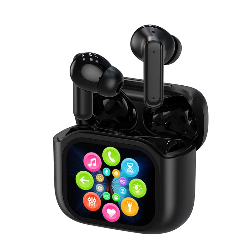 Wireless Touchscreen Earbuds with Smart Touch Screen Case - True Wireless Bluetooth ANC Active Noise Cancelling Earbuds - Blue Tooth Earphones for iPhone Android In Ear Headphones - color: Black, style: Normal