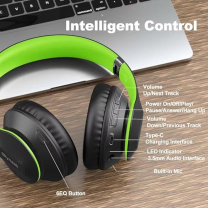 Wireless Bluetooth Headphones Over Ear V6.0 HiFi Stereo with Mic | 65H Playtime 6EQ Modes Foldable Bluetooth Headset with Microphone for Travel Smartphone Computer Laptop Green - color: Green