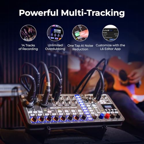Zoom LiveTrak L6max Digital Mixer/Recorder Bundle with ZDM-1 Podcast Mic Pack, Headphones, Mic Stand, XLR Cable, Windscreen, Batteries, MicroSD Cards