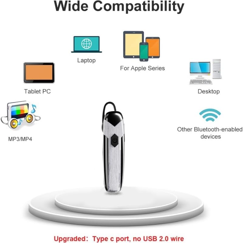 Bluetooth Headset V5.3 Single-Ear Earpiece with Wireless Microphone 48H Battery, Bluetooth Earpiece - Handsfree for Driving/Truck Drivers, Compatible with iPhone, Android, Samsung - color: Silver-Gray-Black