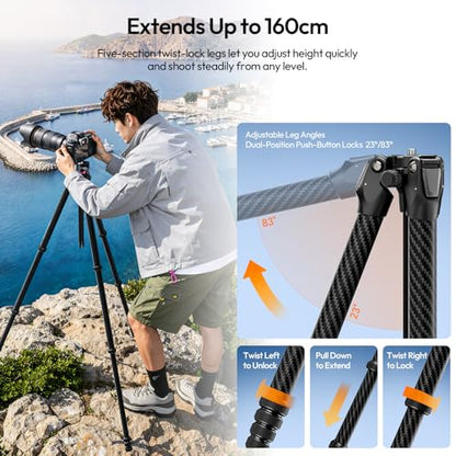 ULANZI TZ01 Carbon Fiber Tripod 64.2inch, 2-in-1 Detachable Center Column Mini Tripod, Camera Stand with 360° Ball Head, Uka Quick Release, 2.43lb Lightweight Travel Tripod for Camera/Phone