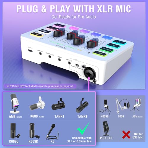 FIFINE Audio Mixer, Gaming Streaming PC Mixer with Slider Fader, XLR Microphone Interface, Monitoring, for Video/Game Voice/Podcast Recording-AmpliGame SC3W | USB PnP For PC,Mute Button,XLR Preamp,RGB,Voice change,48V Phantom Power,Monitoring,Podcast,Reco