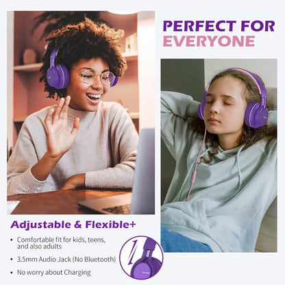 아동용 유선 헤드폰, 마이크 포함, 여학생, 3.5mm, 퍼플 핑크 | 온 이어 헤드셋 및 볼륨 컨트롤 접이식 유선 컴퓨터 크롬북 어린이 청소년 교실 온라인 학습 여행용 - color: 퍼플 핑크, size: 미디엄