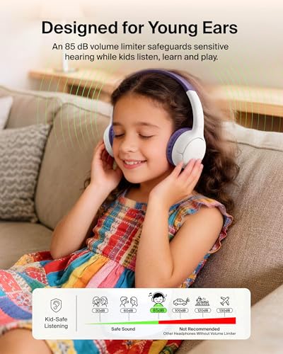 Belkin SoundForm Mini 2 Bluetooth Kids Headphones, On Ear, 55H Battery Life | Toddler headphones, 85dB Volume Limit, Built-in Mic, Wired Connection Option, iPad, Android Tablet, School, Travel - color: Purple