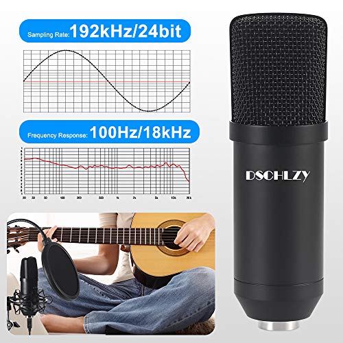USB Streaming Podcast PC Microphone: Professional Computer Mic 192kHz/24bit Studio Cardioid Condenser Mic Kit with Sound Card Boom Arm Shock Mount Pop Filter, for Skype