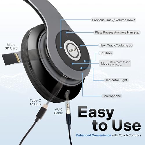 iJoy Bluetooth Headphones Over Ear, Wireless and Wired Foldable Headset Built-in Microphone - (Stealth) Adults Kids Men Women - Audifonos Auriculares Inalambricos - color: Stealth