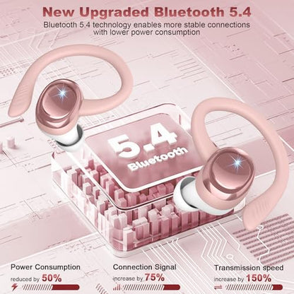 Hupoaf Wireless Earbuds Sport, NEW Bluetooth 5.4 Headphones with Earhooks, 50H Stereo Deep Bass Over Ear Buds with 4 ENC Noise Canceling Mics, IP7 Waterproof Earphones for Running Workout Gym -Pink - color: A-Pink