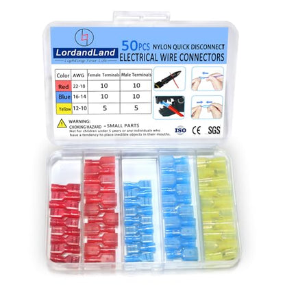 50PCS Nylon Spade Quick Disconnect Connectors Kit 22-10 AWG Male and Female Electrical Wire Connectors Kit Electrical Insulated Wire Crimp Cold-Pressed Terminals for Automotive,Electronics - size: Female&Male(50PCS)