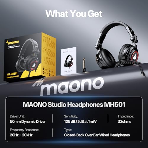 MAONO MH501 Over Ear Closed Back Studio Monitor Headphone with 50MM Drivers - color: Black