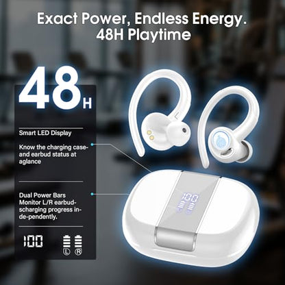 Wireless Sports Earbuds with Earhook, 48H Deep Bass/ENC Mic Ear Buds White | Wireless Earphone with LED Display, Bluetooth 5.3 Headphones In Ear, IPX7 Waterproof Over Ear Buds for Running/Workout - color: White